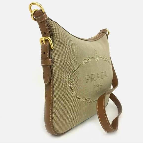 PRADA JACQUARD LOGO CANVAS BEIGE LEATHER SHOULDER BAG/R3364 - Picture 3 of 15